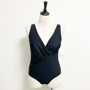 Meet Curve Black V Neck Cross Over Padded Cups One Piece Bathing Suit Large NWT